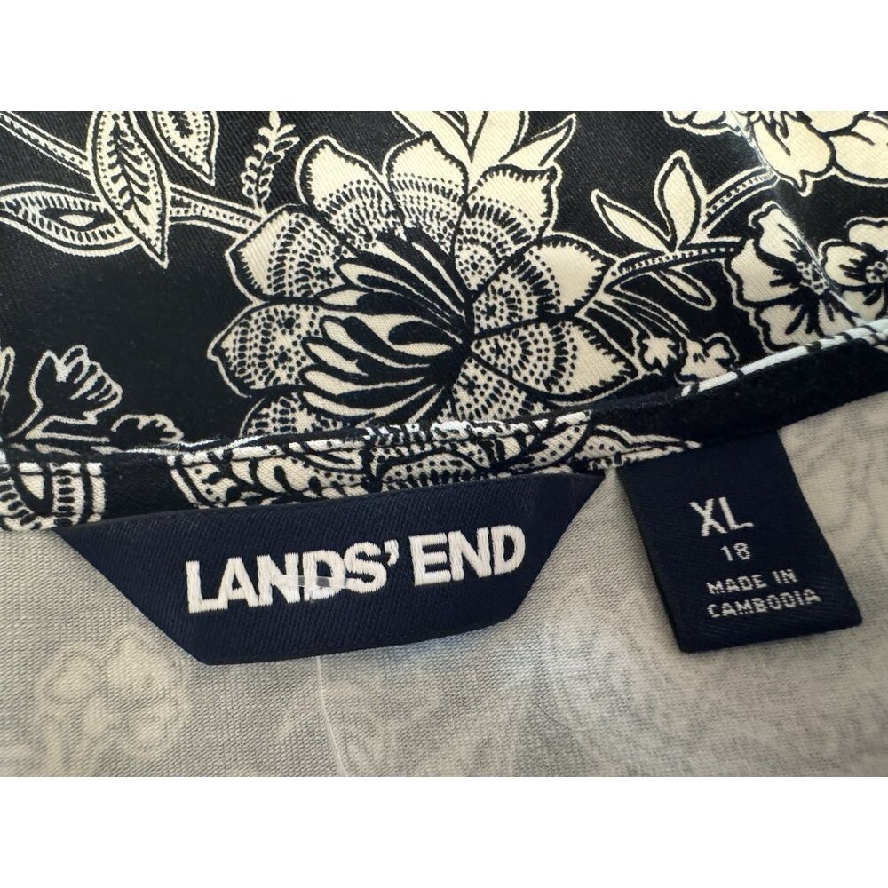Lands End Dress XL Black Ivory Cap Sleeve Stretch Cotton Floral Washable NEW - Picture 12 of 14